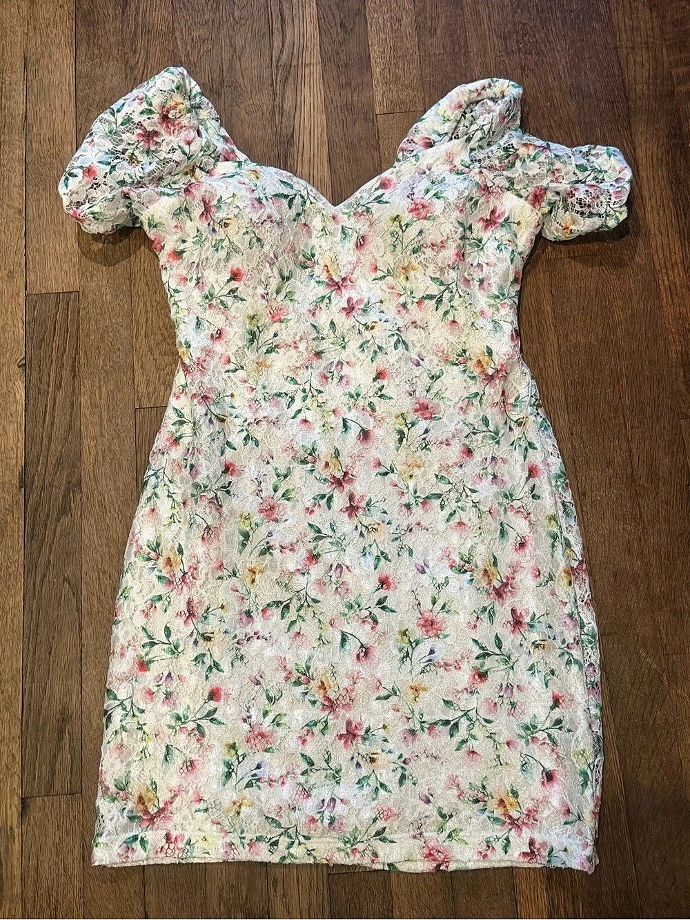 GUESS Printed Floral Lace Puff-Sleeve Mini Dress Pink & Green Size 12
